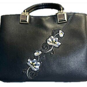 ELDA Black Embroidered Double Handle Crossbody Satchel Tote